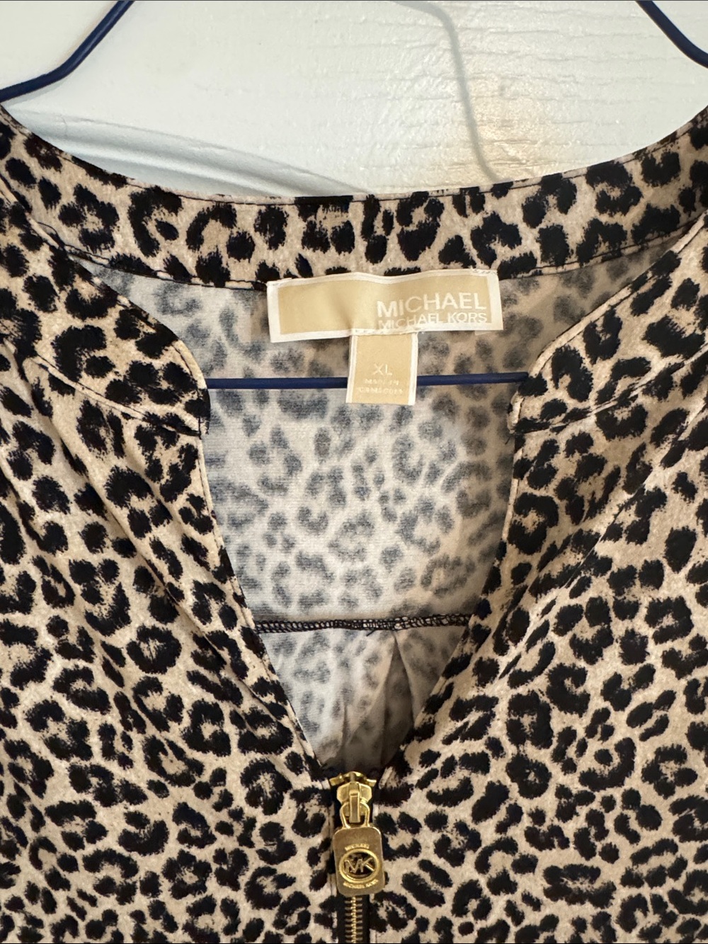 Michael Kors Beige and Black Leopard-Print Zip Top with Gold Hardware